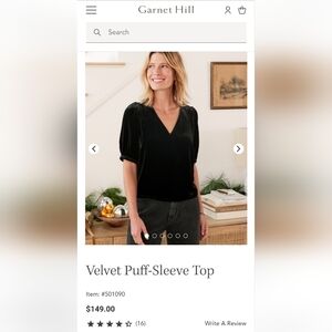 GARNET HILL | Velvet Puff Sleeve Top, Size Medium